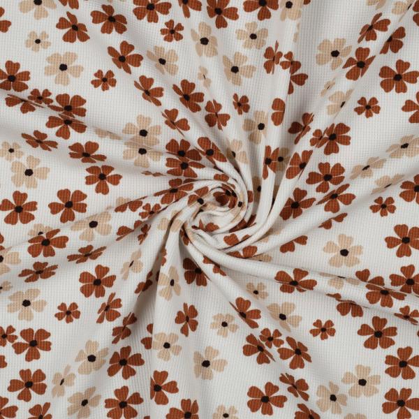 Waffeljersey mit Blüten Braun/Beige auf Ecru